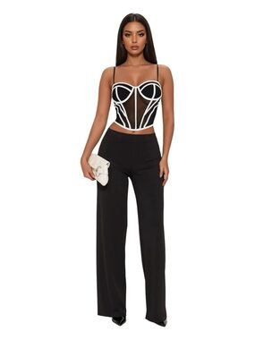 Black & White Corset Mesh Top & High-Waisted Wide Leg Pants Set